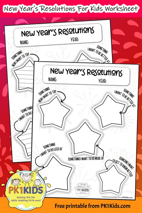 New Year's Resolution Worksheet For Kids - PK1HomeschoolFUN Preschool New Years Resolutions, New Years Resolution Kids, New Years Activities For Kids, New Years Resolutions Template, New Years Resolution List, Resolution List, Winter Writing, English Teaching Materials, Worksheet For Kids