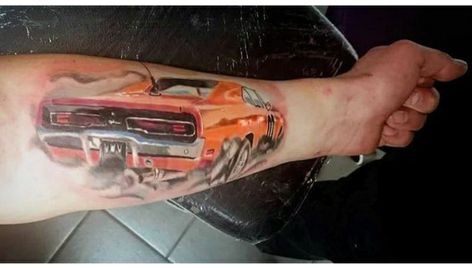 Hazard Tattoo, Dukes Of Hazard, Dukes Of Hazzard, General Lee, 3d Tattoos, 3d Tattoo, Surface Decoration, Arm Tattoos, Best Tattoo Designs