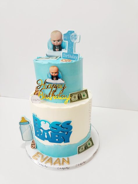 Boss baby two tier cake Cake Blue And White, 1st Birthday Cake Designs, Cake Two Tier, Blue And White Cake, Baby Cake Design, Triple Layer Cake, Cake First Birthday, Cake Designs For Boy, Tiger Cake