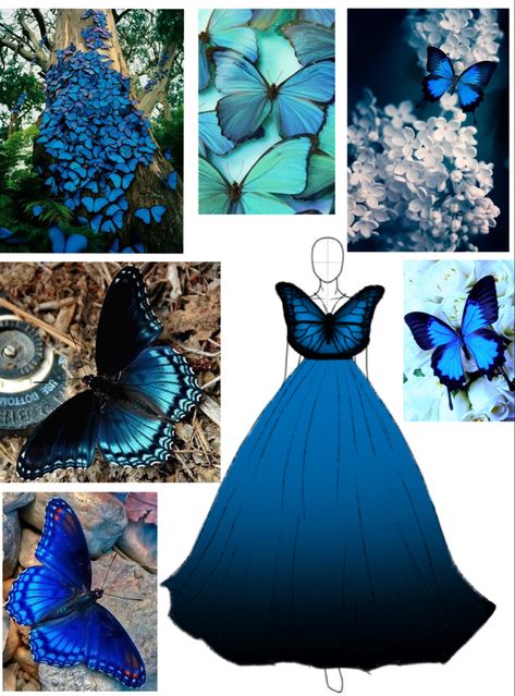 Butterfly Mood Board Inspiration, Butterfly Mood Board Fashion, Butterfly Mood Board, Butterfly Moodboard, Blue Butterfly Dress, Bride Fashion Illustration, Textile Pattern Design Fashion, Mood Board Fashion Inspiration, Fashion Designing Course