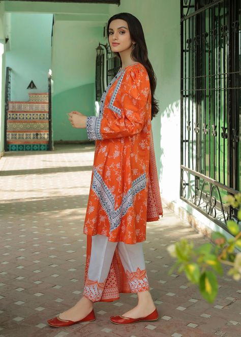 Includes: Shirt Trouser Dupatta Fabric: LawnWork Technique: Embroidered+Screen PrintedDescription: Shirt Fabric:Lawn (Embroidered+Screen Printed) Trouser Fabric:Lawn (Screen Printed) Dupatta Fabric:Silk(Screen Printed) This is 3 Piece stitched outfit. Disclaimer: The color of the outfit may vary due to the lighting effect used in the photography. Lawn Kurti Designs, Summer/fall Outfits, Coord Sets, Lace Dress Design, Shirt Trouser, Kurti Designs Latest, Lawn Dress, Beautiful Pakistani Dresses