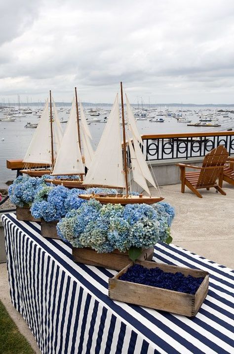 10 Casual Summer Tablescapes to Copy - Cindy Hattersley Design Wooden Sailboat, Blue Hydrangeas, Photos Booth, Nautical Party, Coastal Wedding, Nautical Wedding, Blue Hydrangea, Sailboats, Beach Cottages