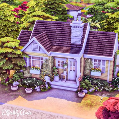 Sims 4 Tiny House Inspiration, Yellow Sims 4 House, Sims 4 Yellow House, Bungalow Sims 4, Small Sims House, Small Sims 4 Houses Layout, Sims Small House, Sims 4 Bungalow, Sims Tiny House