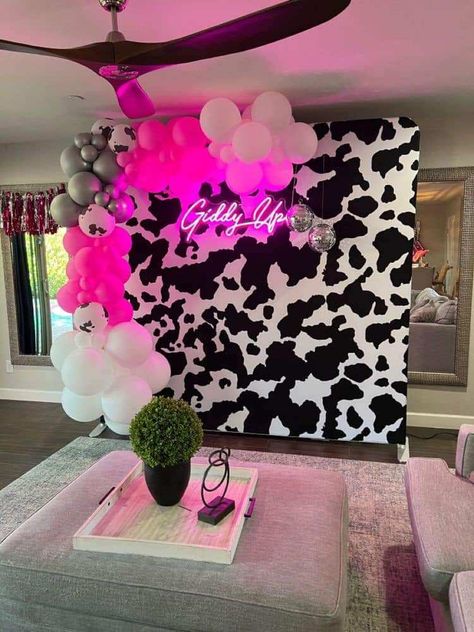 Disco Cowboy Decorations, 21st Birthday Ideas Cow Print, 21st Birthday Cow Theme, Cowprint Birthday Party Ideas, Pink And Cow Print Birthday Decor, Cow Disco Party, Cow Print Disco Party, Sweet 16 Party Cowgirl, Cowgirl Brunch Theme