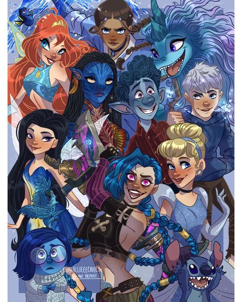 Blue Characters! 💙🌊🌨️ [🚫DO NOT REPOST🚫] . Man i love cool tones so much.🥺 But i thought my brain was malfunctioned for a while that i forgo… | Instagram Blue Dragons, Blue Characters, Colored Characters, Disney Character Art, Disney Crossover, Disney Princess Artwork, Disney Characters Videos, Disney Crossovers, Disney Collage