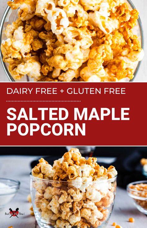 Dairy Free Caramel Popcorn, Gluten Free Popcorn Recipes, Dairy Free Popcorn, Popcorn Topping Ideas, Maple Popcorn Recipe, Vegan Popcorn Recipes, Vegan Caramel Popcorn, Popcorn Flavours, Dairy Free Caramel