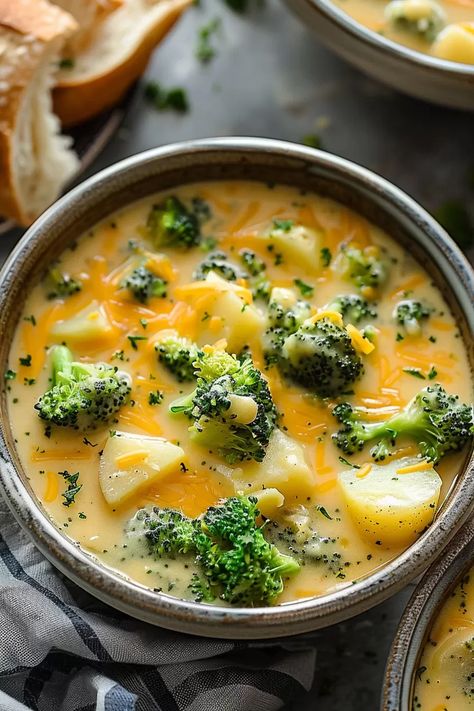 Comforting Broccoli Potato Cheddar Soup Potato Cheddar Soup, Broccoli Potato Soup, Broccoli Potato, Cheddar Potatoes, Smart Points Recipes, Bread Snacks, Soup Dinner, Cheddar Soup, Crock Pot Soup