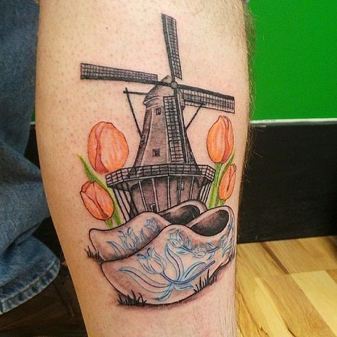 Windmill Tattoo, Dutch Tattoo, Unconventional Art, Shoe Tattoos, Cup Tattoo, Tulip Tattoo, Dutch Windmill, Rain Barrels, Geometry Tattoo