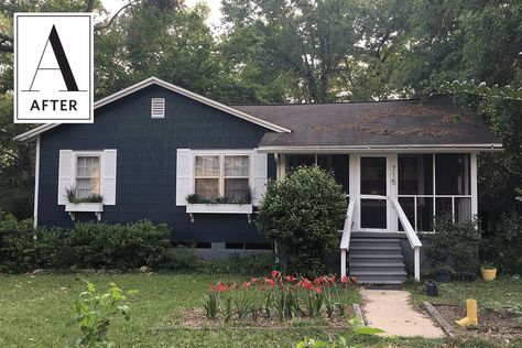 Before Dark Blue Bungalow Exterior, Navy Blue Bungalow Exterior, Dark Blue Ranch House Exterior, Navy Exterior House Colors, Sw Sea Serpent, Blue House White Trim, Navy House Exterior, First Time Homeowner, Navy Blue Houses