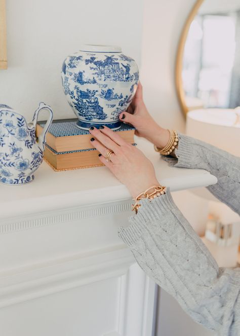 Mantle Decor Blue And White, Blue Mantle Decor, Blue And White Mantle Decor, Blue And White Mantle, Blue And White Vases Decor, Decorating With Blue And White, Decorating With Blue, White Mantle, Mantle Decorations