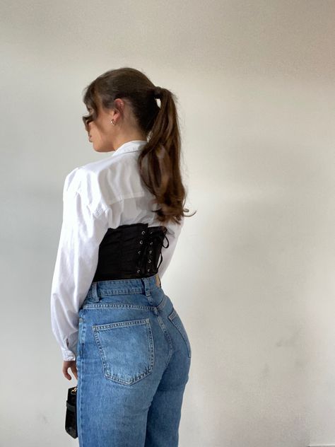 #vibe #corset #style #slicked #style #summer Croset And Jean, Denim Corset With White Shirt, White Button Up Shirt With Corset, Shirt Under Corset Outfit, White Button Up With Black Corset, Black Corset With White Shirt, Corset With White Button Up, Under Corset Outfit, Corset Top Outfit Midsize