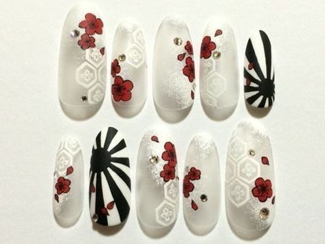 Asian Nail Art, Japan Nail Art, Japan Nail, Natural Nails Manicure, Japanese Flag, Japanese Nail, Asian Nails, Matte Top Coat, Plum Blossoms