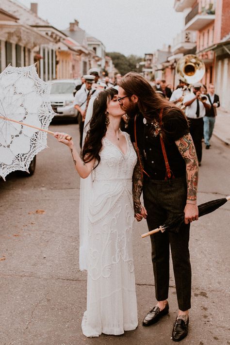 Groom With Hat, Rock And Roll Wedding, Second Line Parade, Plan A Vacation, Bhldn Bride, Bhldn Dress, Bride Crown, Rock Wedding, Rock N Roll Bride