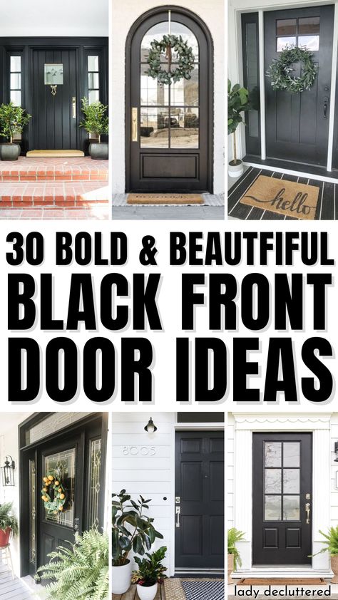 30 Bold & Beautiful Black Front Door Ideas Front Home Remodel, Door Painting Ideas Front Door, Black Front Door Porch Ideas, Modern Glass Front Door Entrance, All Black Front Door, Black Front Door With Black Trim, Front Door Styling Ideas, Front Door Decor Black Door, Popular Front Doors