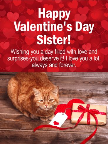 Cute Cat Happy Valentine's Day Card for Sister: Sending Valentine's Day greeting cards to our sisters is probably more fun than anything else! They understand us, they understand love, they understand warm fuzzy messages and adorable cats, so basically-they deserve to get so many Valentine's Day cards their inbox overflows! Or, just send this one, perfect, and pretty Valentine's day greeting card to your sweet sis today. She's sure to love it (but not as much as she loves you). Valentines Greetings For Friends, Valentines Day Sister, Happy Birthday Quotes For Sister, Happy Valentines Day Sister, Birthday Quotes For Sister, Funny Happy Birthday Quotes, Valentines Day Quotes For Friends, Birthday Messages For Sister, Birthday Greetings For Sister