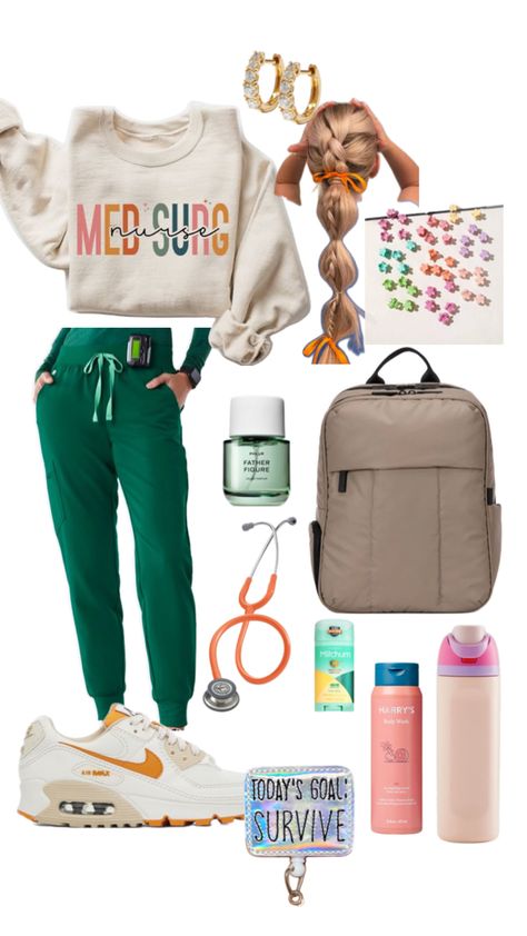 Med surge nurse outfit Emergency Nursing Aesthetic, Fall Scrub Outfits, Orthopedic Shirt Ideas, Nurse Scrub Outfits Ideas, Nurse Scrubs Outfits Style, Nursing Student Must Haves, Nurse Style Scrubs Fashion, Green Scrubs Outfit, Med Student Outfit