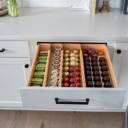 Chocolate Storage Ideas, Kitchen Organization Must Haves, Coffee Pod Drawer Holder, Organize Nespresso Pods, Coffee Pod Drawer Organization, Nespresso Storage Ideas, Nespresso Drawer Organization, Nespresso Pod Organization, Nespresso Drawer