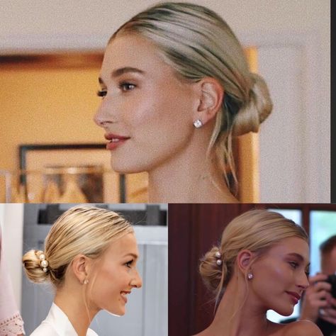 Sleek Wedding Updo Front View, Hailey Baldwin Wedding Hair, Minimalist Bridesmaid Hair, Middle Part Low Bun Wedding, Simple Classic Wedding Hair, Modern Bun Hairstyle, Blonde Low Bun Wedding, Wedding Hairstyles Slick Back Bun, Bridal Bun High