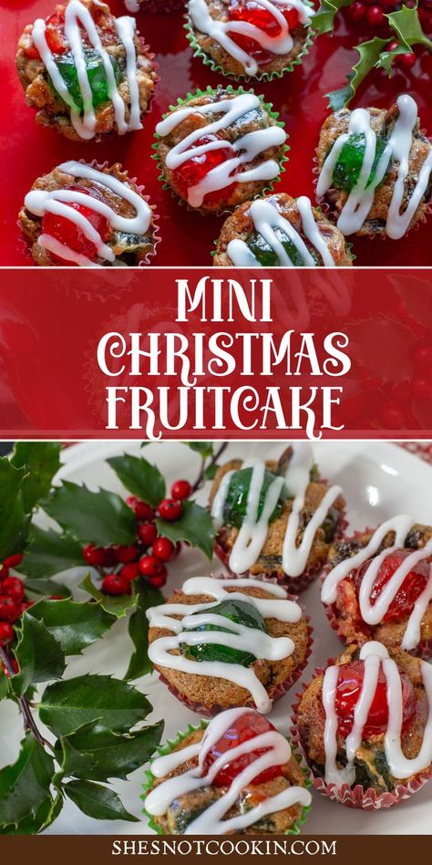 Mini fruicakes on red and white plate. Mini Fruitcakes Christmas, Fruitcake Cookie Bars, Mini Fruit Cake, Mincemeat Fruitcake Recipe, Easy Fruitcake Recipes, Bite Size Christmas Desserts, Fruitcake Bars, Christmas Fruitcakes, Holidays Treats