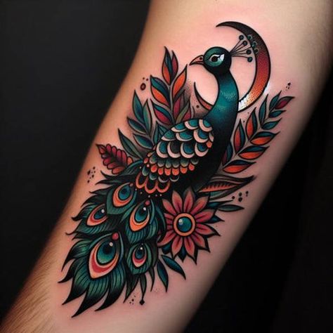 Peacock Upper Arm Tattoo, Peacock Thigh Tattoo, American Traditional Peacock, Peacock Tattoos For Women, American Traditional Tattoos Color, Traditional Peacock Tattoo, Peacock Tattoo Sleeve, Small Peacock Tattoo, Peacock Tattoo Designs