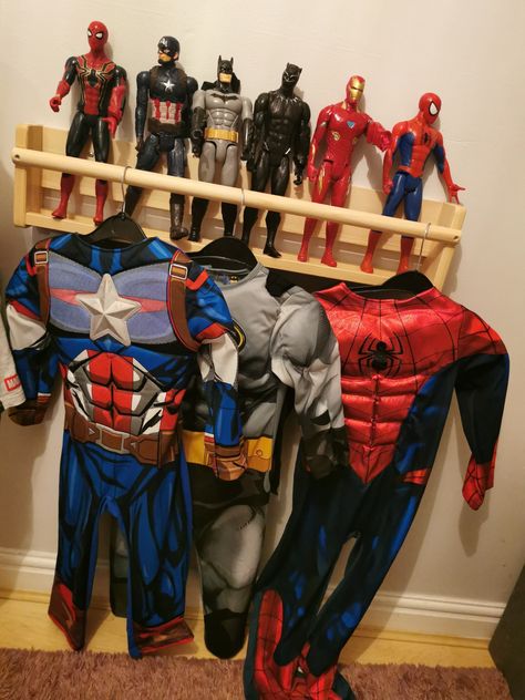 Boys superhero bedroom storage idea Superhero Storage, Boys Superhero Bedroom, Nj House, Slat Wall Display, Superhero Bedroom, Superhero Room, Boy Bedroom Design, Storage Idea, Toy Room