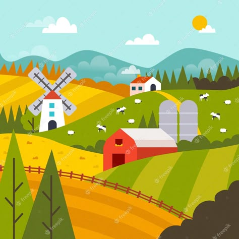 Kids Room Wall Design, State Logo Design, Farming Landscape, Kids Mural, Landscape Quilt, Countryside Landscape, Vector Sketch, Nature Posters, City Illustration