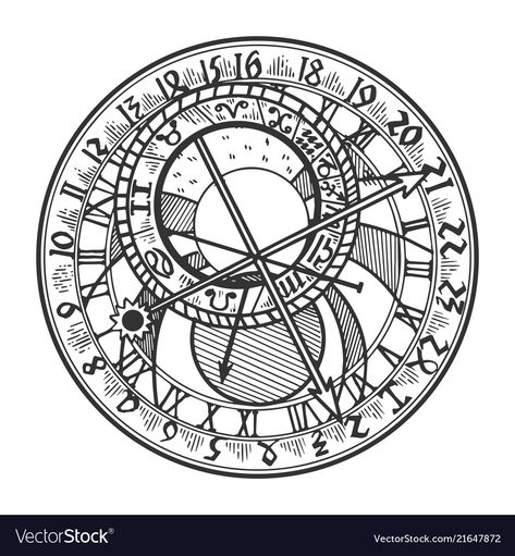 Prague Astronomical Clock Tattoo, Prague Clock Tattoo, Astronomical Clock Tattoo, Prague Tattoo Ideas, Wall Sundial, Clock Illustration Design, Prague Illustration, Prague Tattoo, Prague Clock