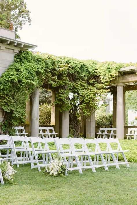 Eolia Mansion Wedding, Eolia Mansion, Classic Wedding Ideas, Classic Wedding Themes, Hanging Centerpiece, Storybook Wedding, Ceremony Chairs, White Chairs, Rose Centerpieces