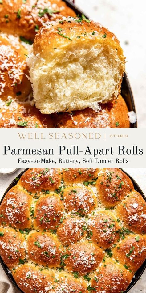 Fluffy, buttery, and topped with nutty Parmigiano Reggiano and fresh parsley, these Parmesan pull apart rolls are the perfect addition to any meal. The dough comes together in a stand mixer and is really easy to work with. You can make 16 larger rolls or 24 smaller rolls. These have a tendency to disappear quickly! Freezer-friendly. #wellseasonedstudio #dinnerrolls #rolls #homemaderolls Pull Apart Rolls, Pesto Bread, Tasty Bread Recipe, Homemade Rolls, Soup Dinner, Cocktail Desserts, Delicious Bread, Lunch Salads, Parmigiano Reggiano