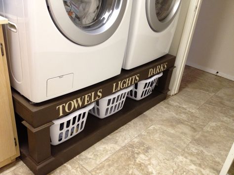 Washer and dryer pedestal Basket Dresser, Washer And Dryer Stand, Washer And Dryer Pedestal, Laundry Pedestal, Apt Ideas, Washing Machine And Dryer, Diy Laundry, Laundry Room Storage, Laundry Mud Room