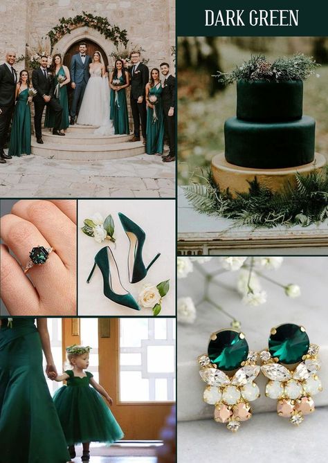 Forest Green Bride Dress, Dark Green Black White Wedding, Viridian Wedding Dress, Dark Green Linens Wedding, Wedding Theme Ideas Emerald Green, Dark Green Wedding Bridesmaid Dresses, Deep Green And Gold Wedding, Deep Emerald Green Wedding, Emerald Green Aesthetic Wedding