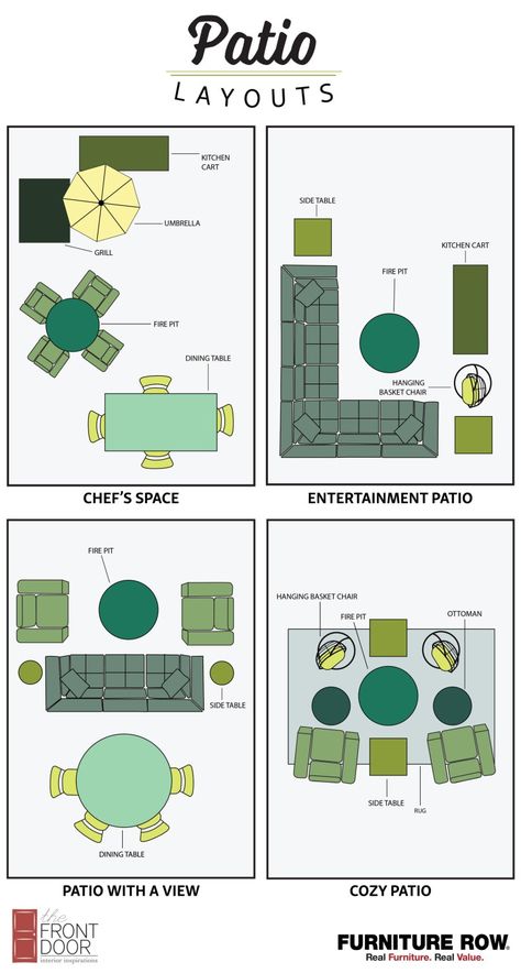 patio-layouts-front-door-blog Patio Furniture Placement, Patio Plan, Deck Furniture Layout, Patio Furniture Layout, Patio Layout, Furniture Placement, Patio Furniture Covers, Backyard Inspiration, Patio Furniture Ideas