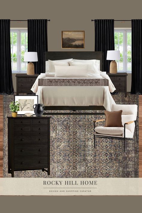 Dark neutral primary bedroom, moody master bedroom Black Transitional Bedroom, Moody Bedroom Black Bed, Black Master Bedding, Bedroom Ideas Black Curtains, Pottery Barn Lamps Master Bedrooms, Black Brown Bedroom Furniture, Dark Main Bedroom Ideas, Taupe Master Bed, Charcoal Curtains Bedroom