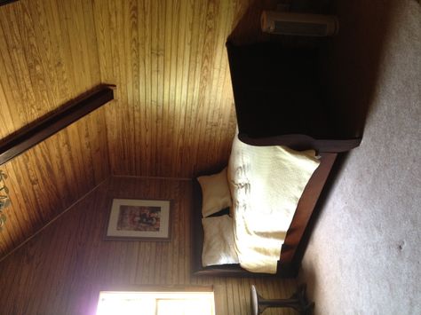 stained Beadboard walls and sloped ceiling Beadboard In Bedroom, Stained Beadboard Walls, Stained Beadboard, Mantel Headboard, Beadboard Trim, Beadboard Walls, House Rehab, Coastal Cabin, Beadboard Bathroom