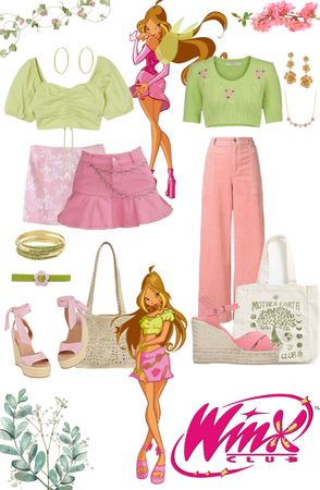 Winx Club Inspired Outfits Flora, Winx Modern Outfits, Flora Costume Ideas, Flora Winx Style, Flora Winx Outfit Ideas, Flora Inspired Outfits Winx Club, Flora Winx Inspired Outfit, Flora Winx Club Outfit Inspired, Winxcore Outfits