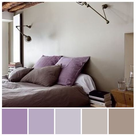 Love these colours! Purple Chroma Reduction colour palette with grey and tinted caramel brown. Hues reduced with grey create a subtle ‘Shadow’ palette and these often have a calm, subdued feel, depending on contrast levels. Colour reduction is when the intensity or purity of a hue is reduced by adding white (tints), another hue (contrasting hue), black or grey. Chroma reduction illustration by Zena O’Connor. Purple And Brown Bedroom, Brown Bedroom Colors, Bedroom Loft Ideas, Purposeful Living, Indian Bedroom Decor, Bedroom Color Combination, Brown Rooms, Color Palette Ideas, Purple Mauve