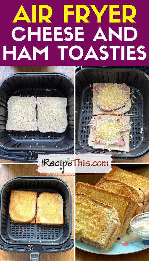 Cheese And Ham Toastie In Air Fryer Air Fryer Toasted Cheese Sandwich, Air Fryer Cheese, Ham And Cheese Toastie, Cheese Toasties, Cheese Toastie, Toasted Sandwich, Ham Cheese Sliders, Air Fryer Recipes Breakfast, Grilled Ham And Cheese