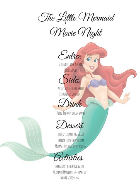 Ariel Movie Night, Little Mermaid Themed Dinner, Little Mermaid Dinner And A Movie, Little Mermaid Movie Night, Mermaid Movie Night, Disney Movie Themed Dinner, Disney Meals, Aristocats Movie, Disney Movie Night Menu