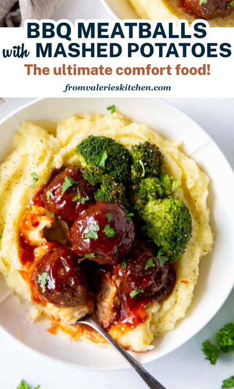 Easy homemade meatballs are baked in a glossy, rich BBQ sauce and served over creamy mashed potatoes. This BBQ Meatballs and Mashed Potatoes recipe is a super satisfying meal on a chilly day. Mashed Potato And Meatballs, Bbq Pork Meatballs, Bbq Chicken And Mashed Potatoes, Homemade Bbq Meatballs, Meatballs And Mashed Potatoes, Easy Homemade Meatballs, Bbq Meatball Recipe, Homemade Meatballs Easy, Meatball Dinner