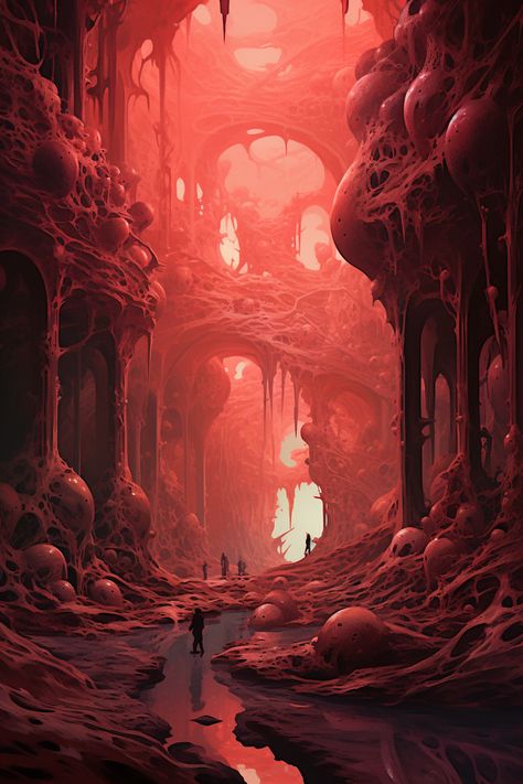 Underworld Landscape, Desert Ruins Fantasy Art, Eldritch Aesthetic, Hell Landscape, Horror Landscape, Lava Cave Concept Art, Eldritch Landscape Art, Blood River, Cave Temple Concept Art