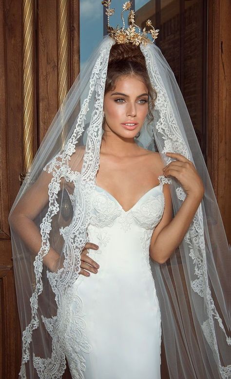 For a classic bridal look our beautiful Galia Lahav #Fiona silk satin wedding dress is richly adorned with lace appliques. It looks divine when team with its matching bridal veil featuring a scalloped lace trim. Italian Wedding Dress, Galia Lahav Wedding Dress, Wedding Dresses 2014, Galia Lahav, Backless Wedding, A Wedding Dress, Italian Wedding, Lace Wedding Dress, Wedding Veils