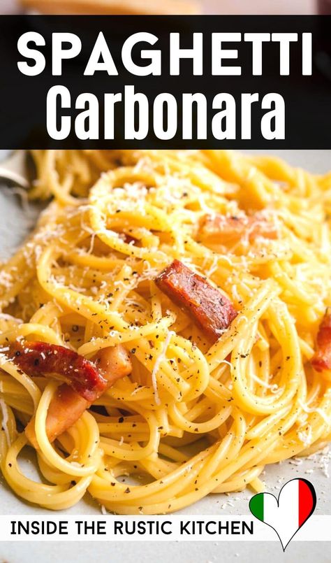 A super simple Spaghetti alla Carbonara recipe made with guanciale, eggs, and Parmigiano Reggiano. This is a traditional Italian recipe so there's no cream involved yet it's still super creamy, rich and delicious. Budget friendly, low cost pasta recipe! #pasta #carbonara #spaghetti #Italianrecipe Carbonara Authentic, Cabonara Recipes, Pasta Receipes, Sides Veggies, Authentic Spaghetti, Carbonara Spaghetti, Butter Sauce For Pasta, Easy Carbonara Recipe, Pasta Alla Carbonara