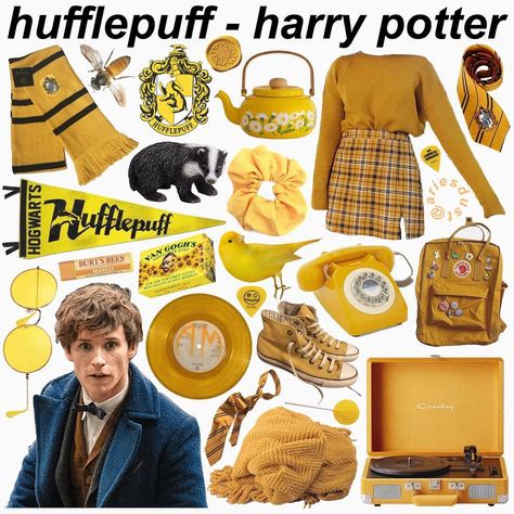 Hufflepuff Moodboard, Hufflepuff Fashion, Harry Potter Houses Outfits, Hufflepuff Students, Hufflepuff Outfit, Ravenclaw Outfit, Hogwarts Outfits, Hufflepuff Aesthetic, Hufflepuff Pride