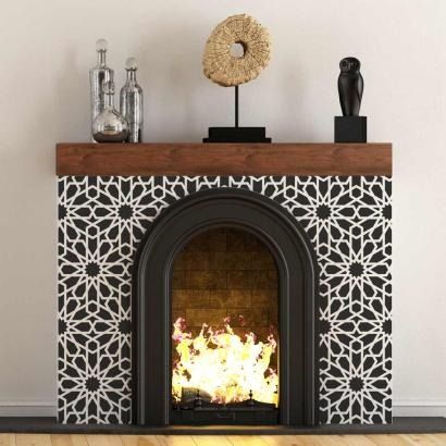 Moroccan stencils Patterns & Indian stencils Designs Boho Fireplace Ideas, Moroccan Tile Fireplace, Moroccan Fireplace, Fireplace Revamp, Herringbone Wall Stencil, Mantel Makeover, Fireplace Options, Geometric Wall Stencil, Spanish Farmhouse