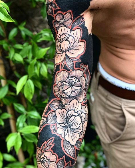 Female Floral Sleeve Tattoo, Flower Tatoos Arms Men, Garden Half Sleeve Tattoo, Negative Space Sleeve Tattoo, Forearm Flower Tattoo Men, Outer Sleeve Tattoo, Autumn Sleeve Tattoo, Black Out Back Tattoo, Floral Blackout Tattoo