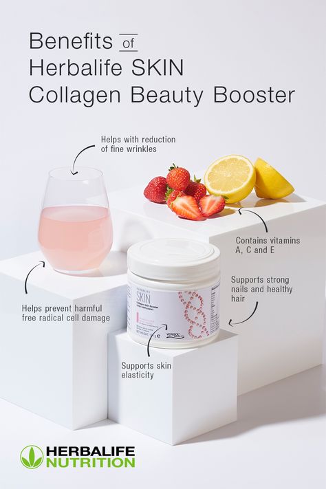 Collagen promotes healthy looking skin. Herbalife SKIN® Collagen Beauty Booster helps support skin elasticity and the reduction of fine wrinkles. Learn more about foods and supplements that nourish the skin. #Collagen #Skincare #SelfCare Herbalife Shop, Herbalife Nutrition Facts, Herbalife Meal Plan, Health Benefits Of Collagen, Herbalife Business, Herbalife Nutrition Club, Foods For Healthy Skin, Nutrition Club, Skin Supplements