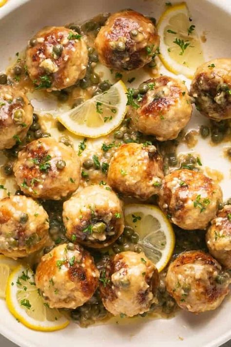 Lemon Dijon Chicken Meatballs, Chicken Franchise Meatballs, Chicken Piccata Meatballs Allrecipes, Chicken Picatta Meatballs Allrecipes, Lite Meals For Summer, Fab 4 Meals, Lemon Meatballs, Meatball Meals, Chicken Piccata Meatballs