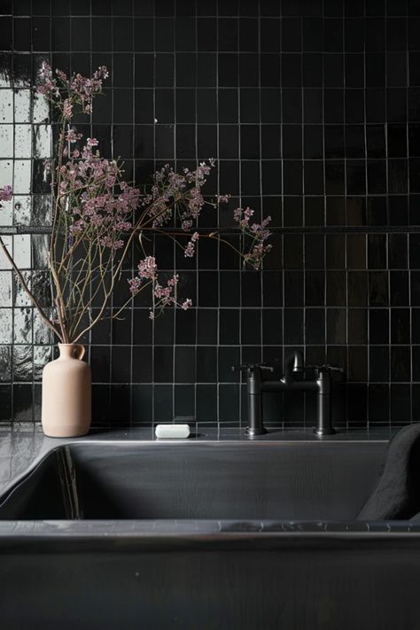 Looking for chic black tile bathroom ideas? You’re in the right place! These elegant designs will help you transform your bathroom into a modern sanctuary with a touch of sophistication. From sleek black ceramic tiles to beautiful patterns, you'll love the versatility and depth of these stunning choices. Whether you prefer a bold, dramatic look or a calming haven, these ideas will inspire you to create the perfect retreat. Get ready to relax and pamper yourself in style with these innovative and beautiful black tile designs that radiate class! Black Tile Bathroom Ideas, Black Accents Bathroom, Black Tile Bathroom, All Black Bathroom, Tile Bathroom Ideas, Black Tile Bathrooms, Black Ceramic Tiles, Black Tile, Black Tiles