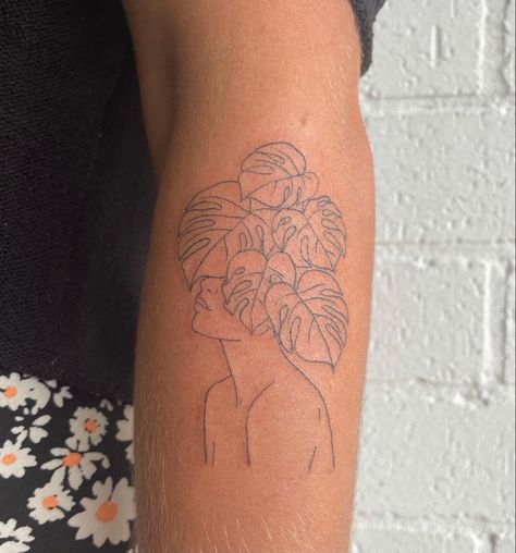 Woman Plant Tattoo, Monstera Fine Line Tattoo, Plant Head Tattoo, House Plant Tattoos, Propagation Tattoo, Plants Tattoo Design, Monstera Deliciosa Tattoo, Monstera Tattoo Design, House Plant Tattoo