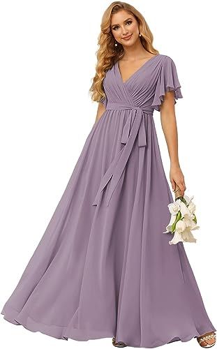 Amazon.com: SEIM V Neck Long Bridesmaid Dresses with Sleeves for Women Pleated Chiffon Bridesmaid Dress with Pockets Dusty Sage 06 : Clothing, Shoes & Jewelry Flutter Sleeve Bridesmaid Dress, Dusty Purple Bridesmaid Dresses, Sleeve Bridesmaid Dress, Purple Bridesmaid Dress, Lavender Bridesmaid Dresses, Wedding Dress Brands, Bridesmaid Dresses Long, Fall Bridesmaid Dresses, Bridesmaid Dresses With Sleeves